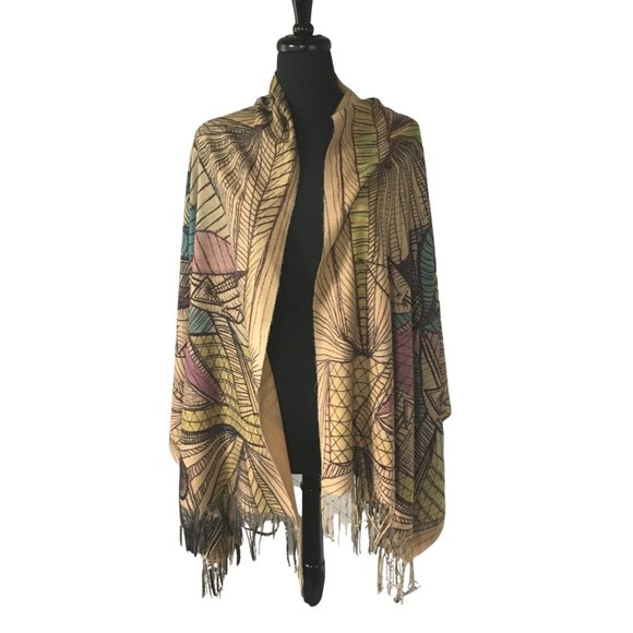 Cubist Abstract Art Line Drawing Flannel Buttoned Wrap Shawl Poncho Scarf - Picture 2 of 16